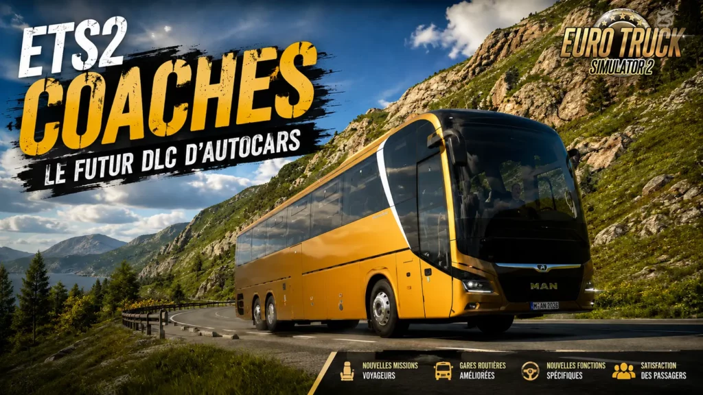 ETS2 Coaches avec autocar MAN sur une route de montagne dans Euro Truck Simulator 2