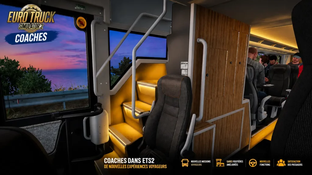 Intérieur d’un autocar ETS2 Coaches avec sièges passagers dans Euro Truck Simulator 2
