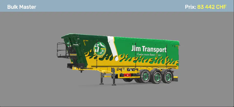 Semi-remorque benne Wielton Bulk Master verte et jaune personnalisée aux couleurs de Jim Transport.