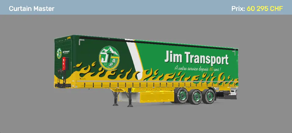 Semi-remorque bâchée Wielton Curtain Master à trois essieux avec livrée verte et jaune Jim Transport.Semi-remorque bâchée Wielton Curtain Master à trois essieux avec livrée verte et jaune Jim Transport.