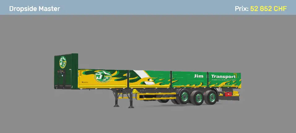 Semi-remorque plateau Wielton Dropside Master à trois essieux avec livrée verte et jaune Jim Transport.