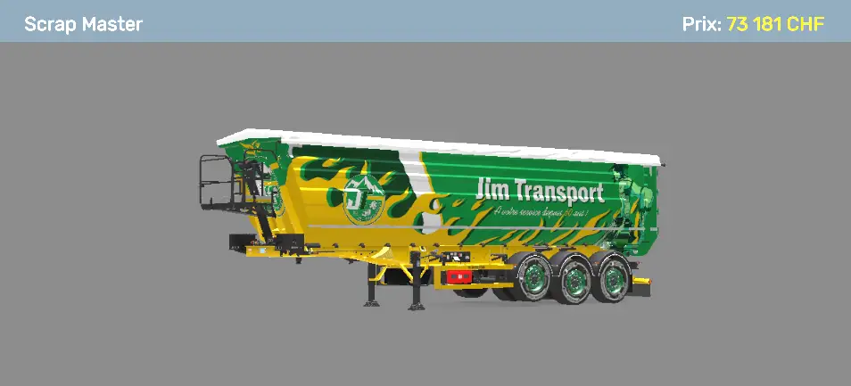 Semi-remorque benne Wielton Scrap Master aux couleurs vertes et jaunes de Jim Transport.