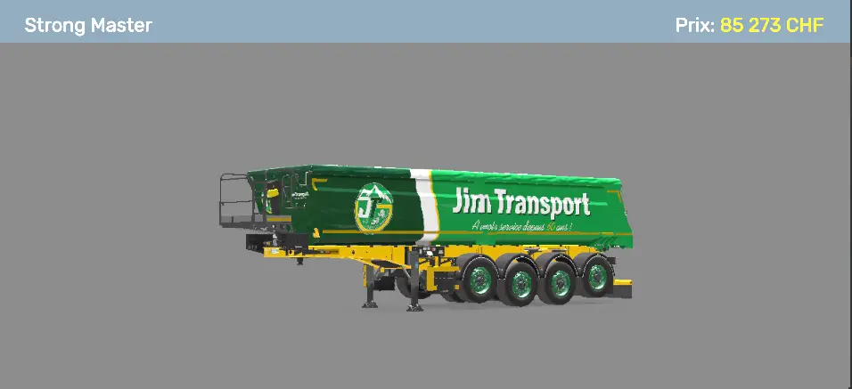 Semi-remorque benne Wielton Strong Master verte et jaune à quatre essieux aux couleurs de Jim Transport.