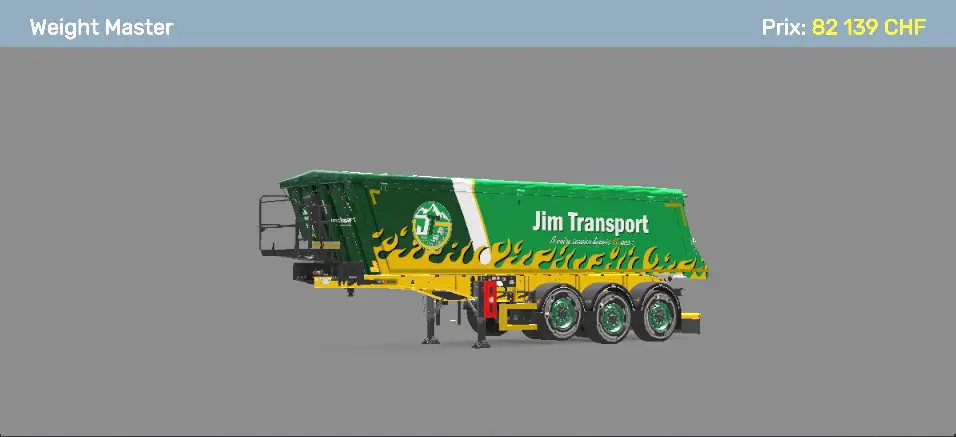 Semi-remorque benne Wielton Weight Master verte et jaune personnalisée aux couleurs de Jim Transport.