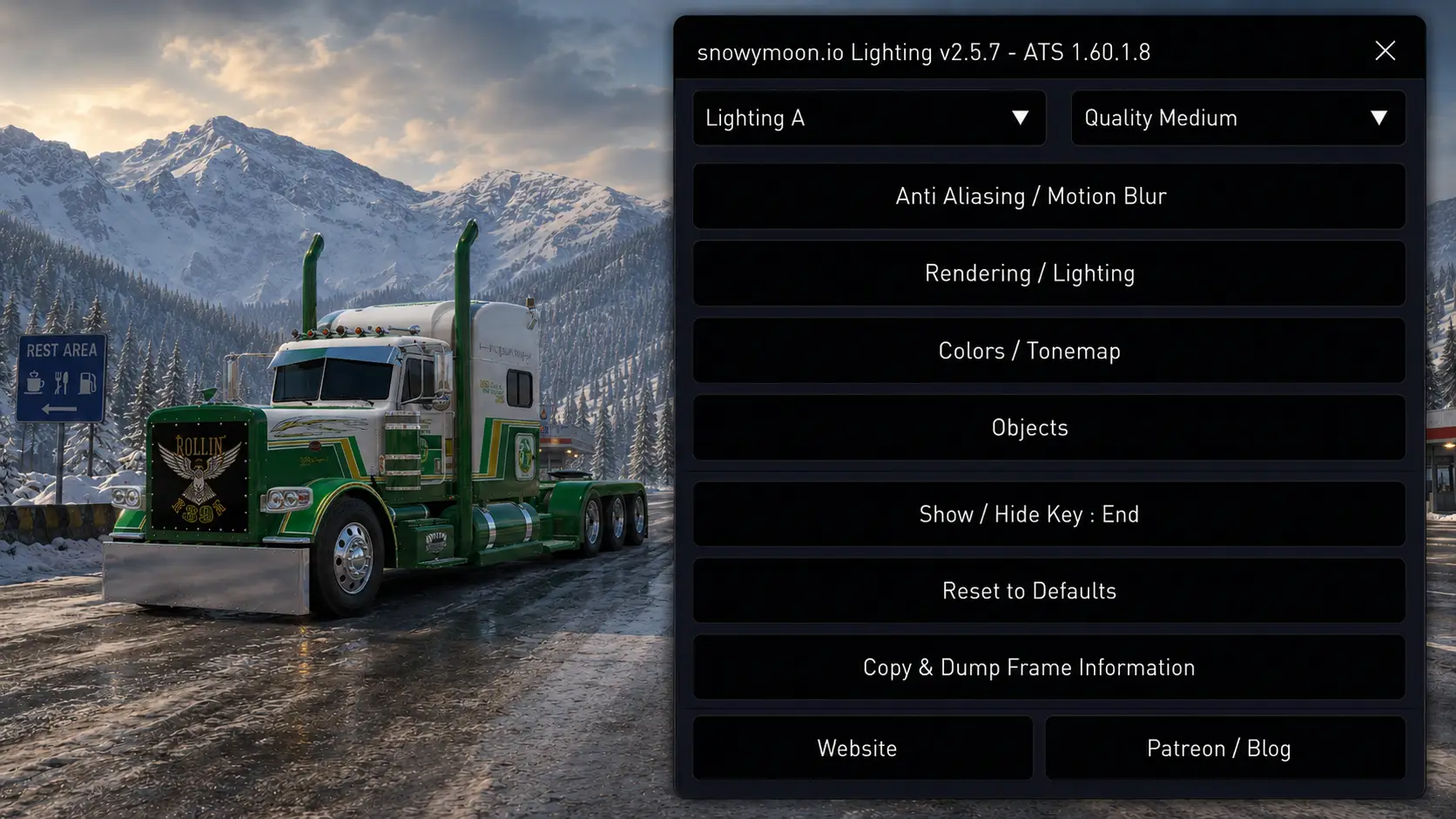 Menu de réglage SnowyMoon Lighting v2.5.7 sur ATS devant un Peterbilt 389 dans un paysage enneigé