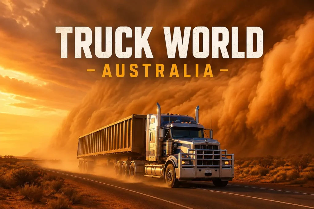 Truck World: Australia avec un road train circulant sur une route australienne sous un impressionnant ciel de poussière.