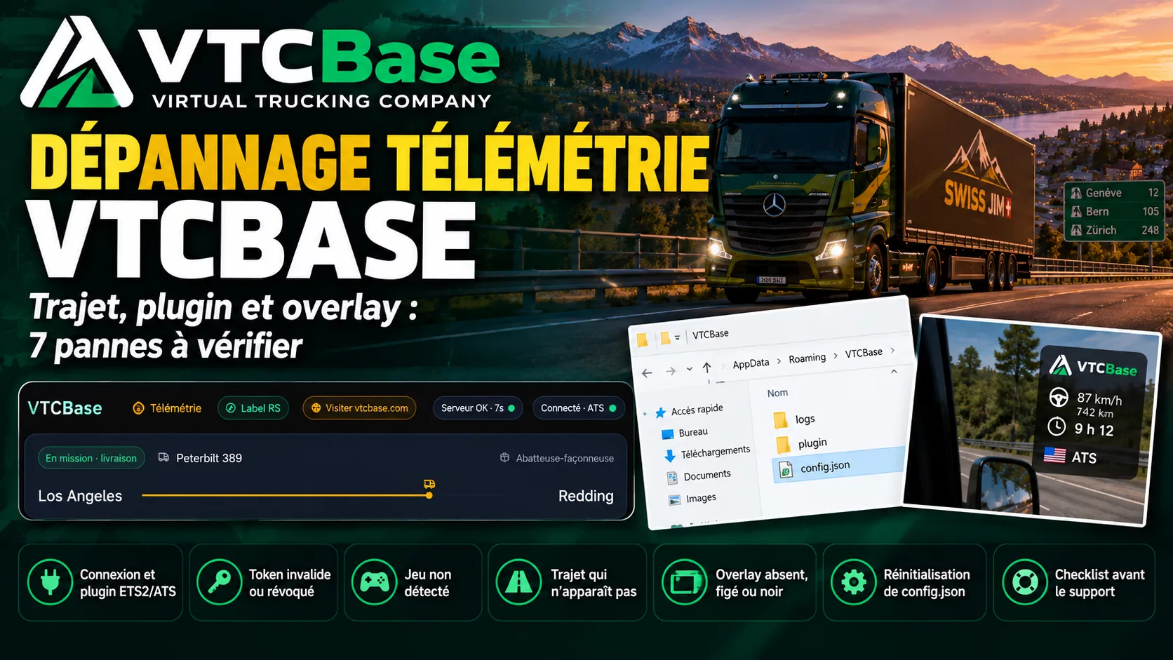 Guide dépannage télémétrie VTCBase avec trajet, plugin, overlay et config.json