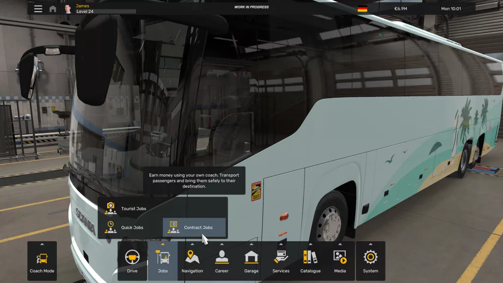 Menu Contract Jobs des services voyageurs dans le Coach Mode d’Euro Truck Simulator 2