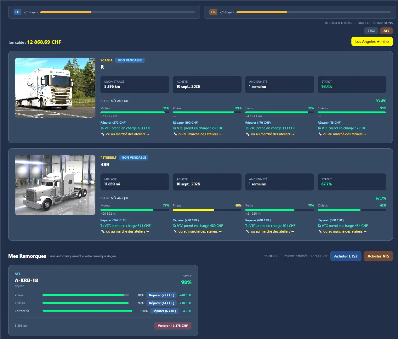 Gestion de la flotte VTCBase avec camions et remorques sur ETS2 et ATS
