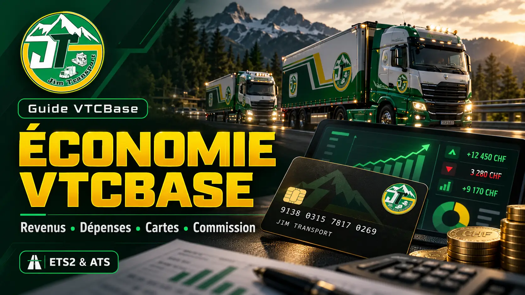 Guide Économie VTCBase avec revenus, dépenses, cartes et commission pour ETS2 et ATS