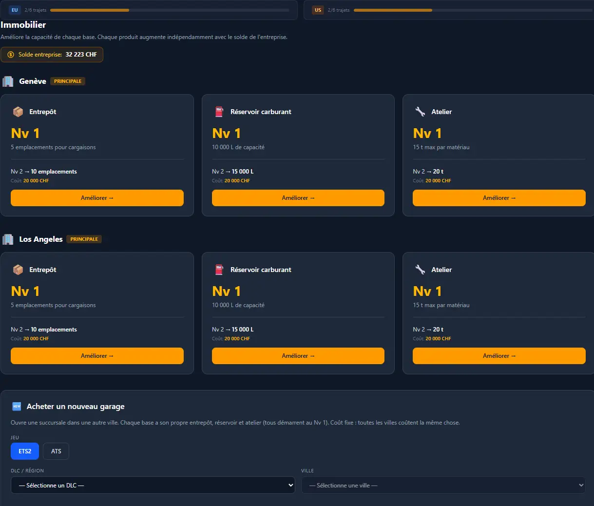 Gestion immobilière VTCBase avec garages, entrepôts, réservoirs et ateliers pour ETS2 et ATS.