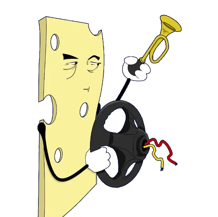 Logo Swiss Cheese avec un fromage tenant un volant et un klaxon.