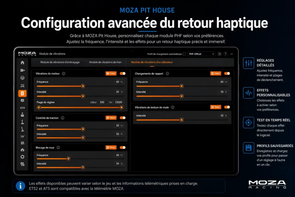 Illustration de la configuration du retour haptique MOZA PHF dans MOZA Pit House.