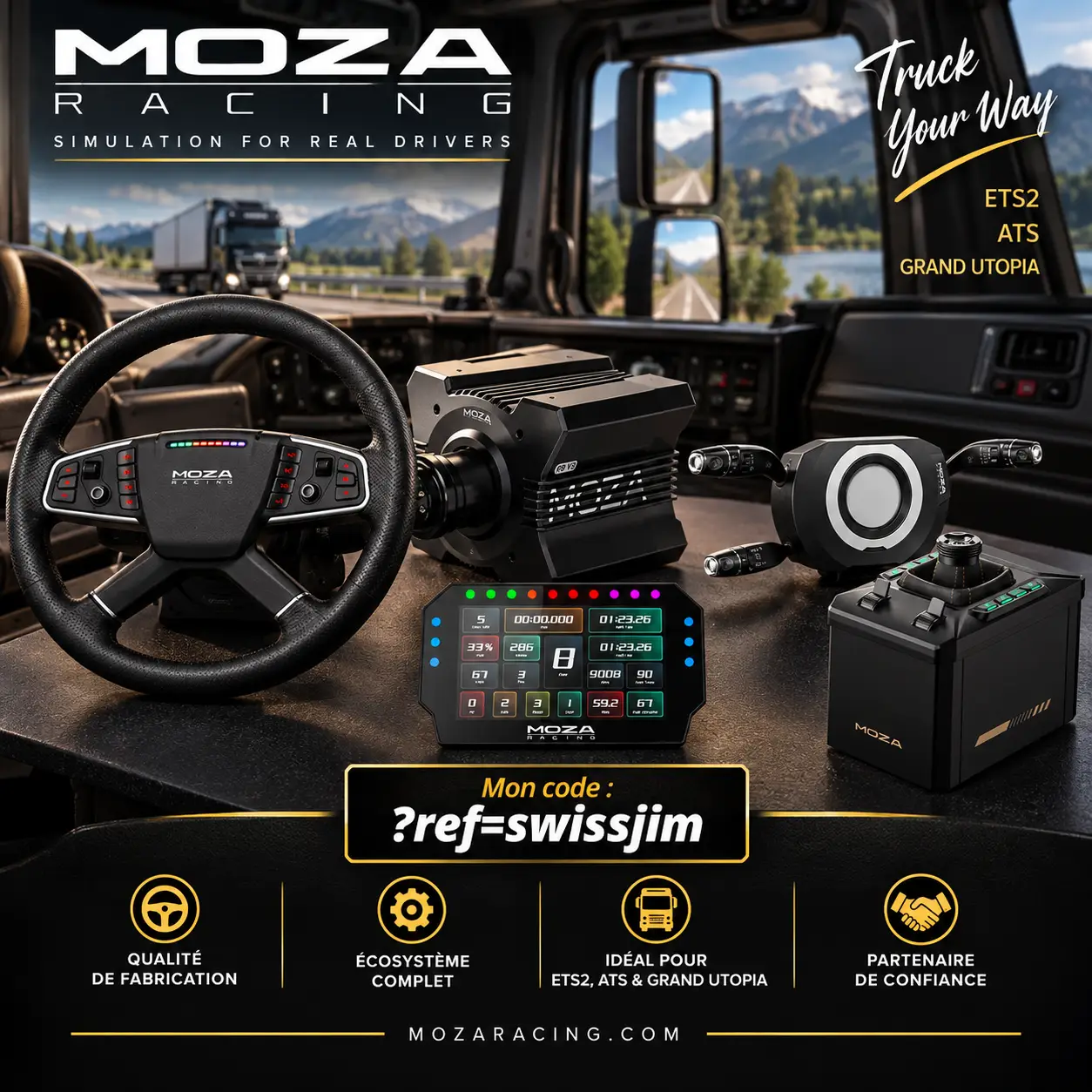 Setup MOZA Racing pour simulation de camion avec volant, base Direct Drive, tableau de bord et accessoires pour ETS2, ATS et Grand Utopia.