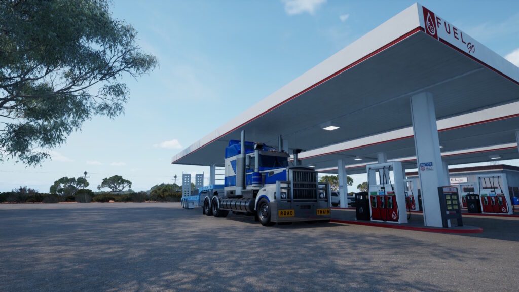 Truck World: Australia : road train bleu à une station-service australienne