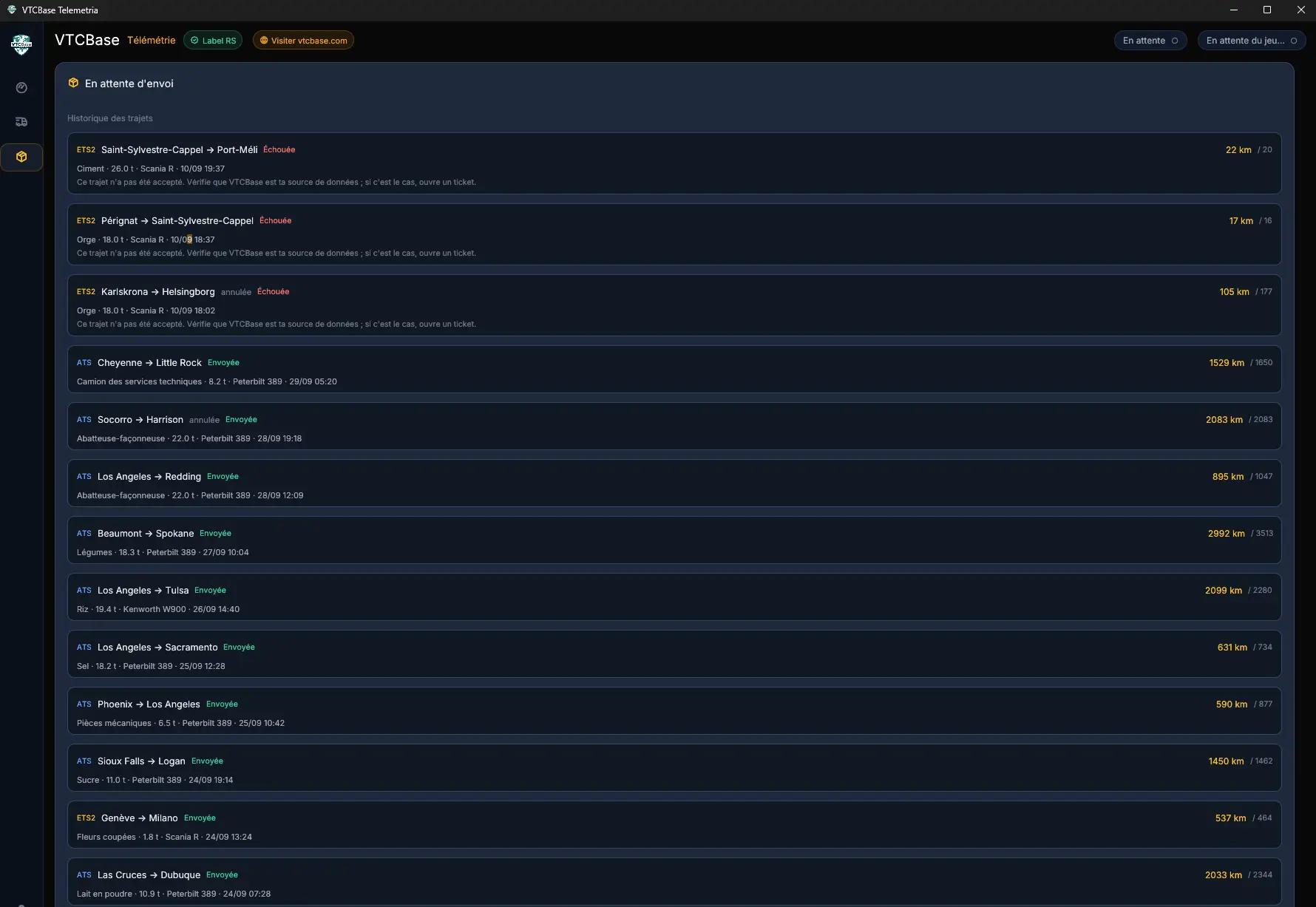 Historique VTCBase avec des trajets envoyés et échoués sur ETS2 et ATS