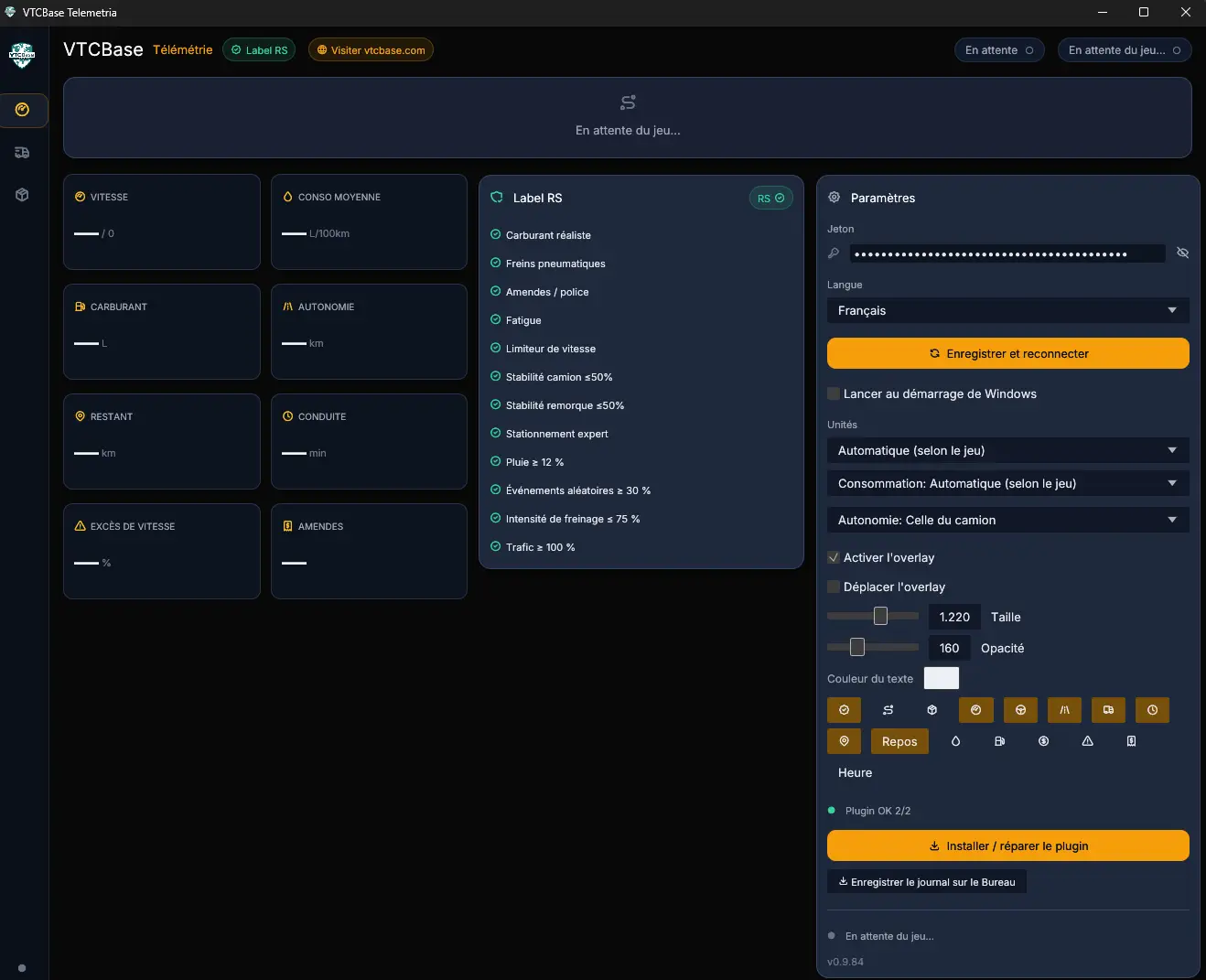 Télémétrie VTCBase dans le client ETS2 et ATS avec token, overlay et plugin