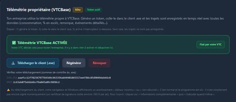 Télémétrie VTCBase : téléchargement du client et gestion du token pour ETS2 et ATS