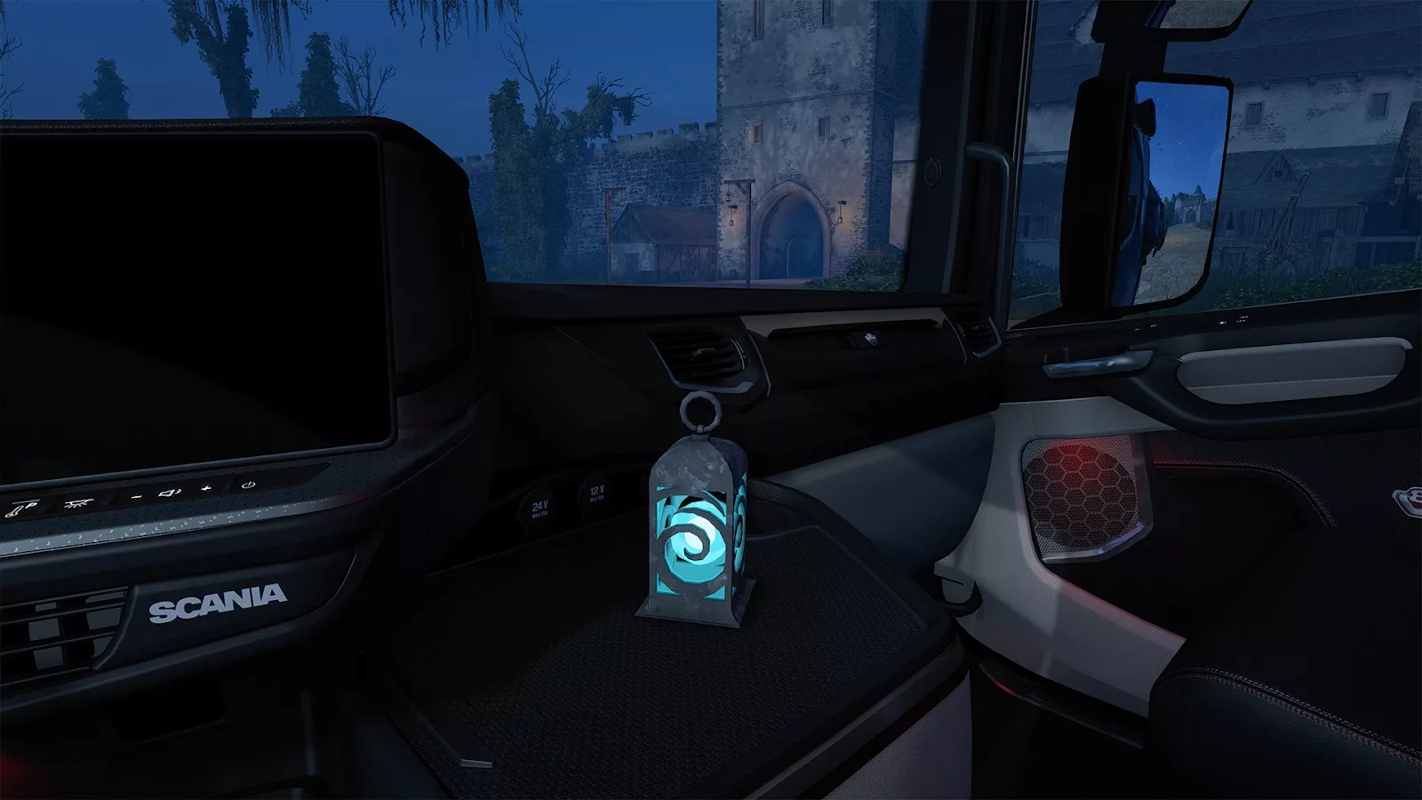 Lanterne bleue Wisp Lantern dans une cabine Scania, récompense Brackenreach 2026