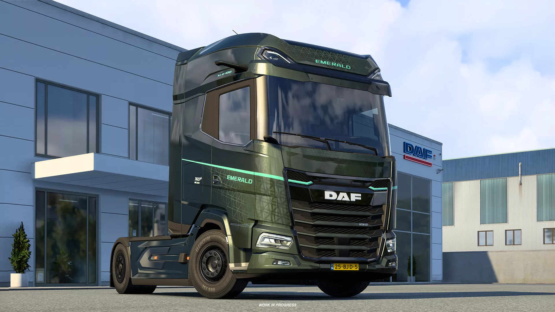 DAF XG+ Emerald vert devant un bâtiment DAF dans ETS2