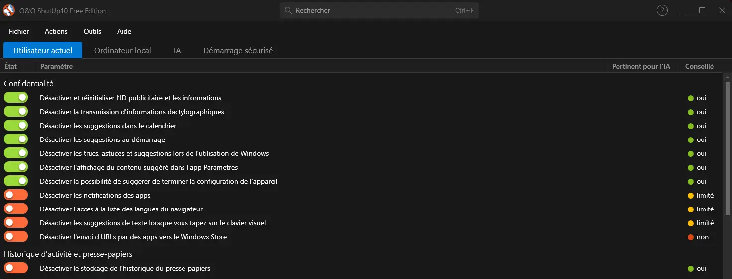 Capture réelle de l’onglet Utilisateur actuel dans O&O ShutUp10 Free, avec les réglages de confidentialité de Windows 11