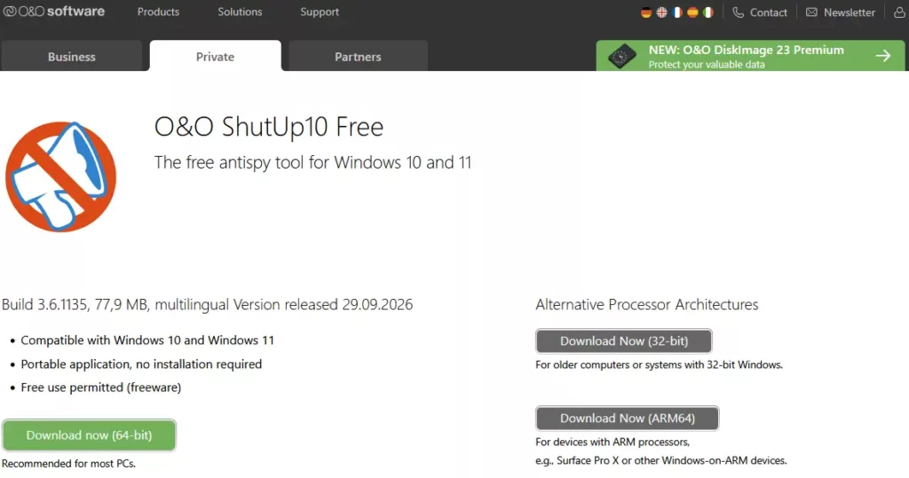 Page officielle de téléchargement d’O&O ShutUp10 Free pour Windows 10 et Windows 11